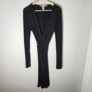 Diane Von Furstenburg Black Viscose Wrap Dress Tie Waist Tassels Long Sleeve 10